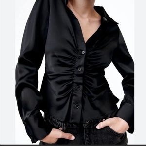 Zara fitted satin effects black sexy ruched top S NWT